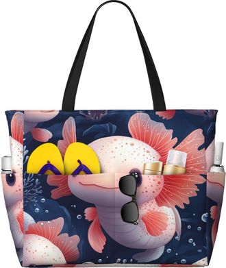 Generic Cute Axolotl Print Large Beach Bag Foldable Travel Shoulder Tote Bag With Pocket For Weekender Pool Vacation