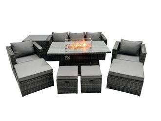Fimous Rattan Garden Furniture Firepit Dining Set 9 Seater Lounge Sofa Table Set with side table 4 Footstool in Dark Grey