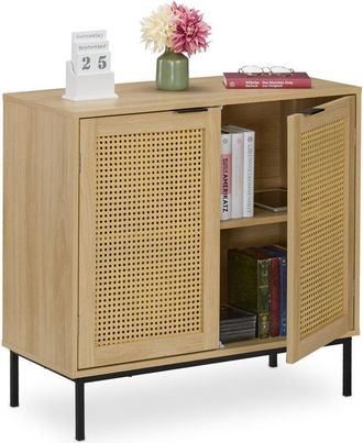 Relaxdays Aparador, 2 Puertas de Ratán, Patas de Metal, 76x80x35 cm, Armario Auxiliar Salón, Pasillo, Natural y Negro - Relaxdays