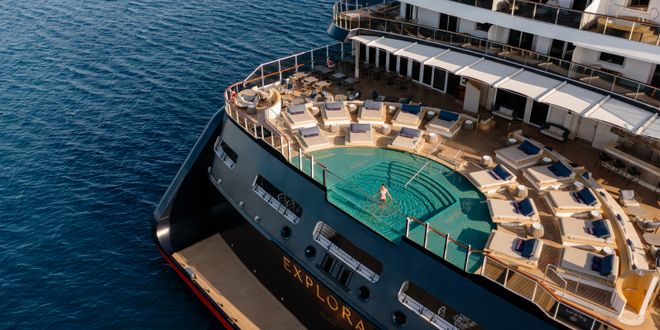 Drone shot of a cruise ship.