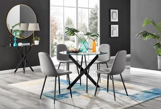 Furniturebox Novara 4 Seater Black Leg Round Glass Dining Table & 4 Corona Faux Leather Black Leg Chairs in Grey