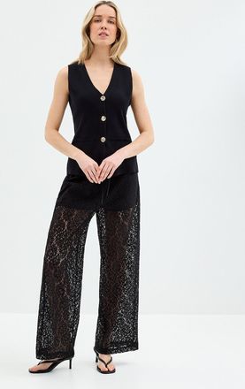 Contemporaine Womens Elastic waist lace pant Fit: Wide leg, high rise