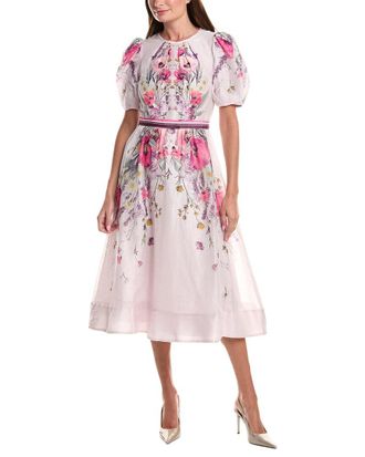Teri Jon by Rickie Freeman Puff Sleeve Placement Print Silk & Linen-Blend Midi