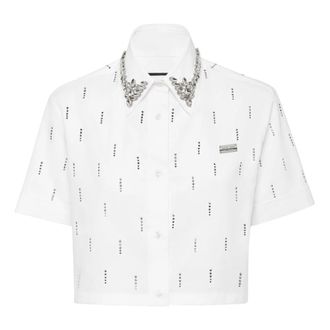 Philipp Plein Poplin Cropped Shirt SS Strass - Dames - Overhemden - Wit - M - Katoen - Overhemden