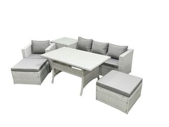 Fimous Rattan Garden Furniture Set Outdoor 6 Seater Patio Dining Sets with Glass Top Dining Table & Side Table Light Grey Mixed