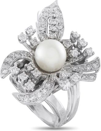 Luxury Bazaar Vintage 14K White Gold 1.0ct Diamond and Pearl Floral Cocktail Ring MF11-063026