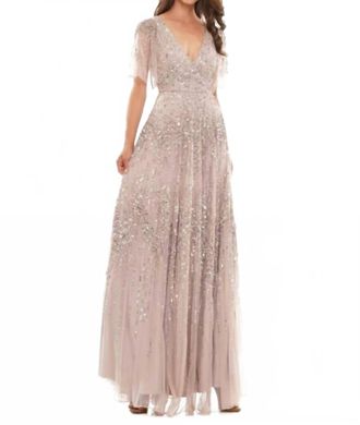 Colors Dress Beaded Flutter Sleeve Gown In Dusty Rose