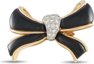 Luxury Bazaar Vintage 14K Yellow Gold 0.15ct Diamond and Onyx Bow Pendant MF05-091426