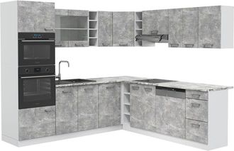 Vicco Cucina angolare completa R-Line, Cemento/Bianco, 237 x 60 cm, pl Marmo