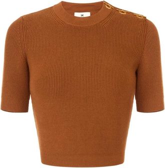Elisabetta Franchi Truien & Vesten, Dames, Bruin, XS, Polyester, Gebreide top met juweeldetails