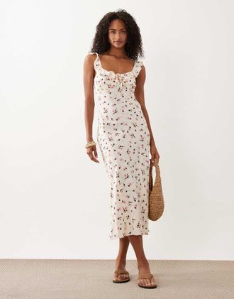 New Look Vestito midi color crema con spalline sottili e volant a fiori-Bianco