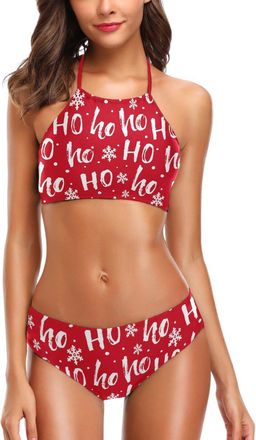 Naanle Women Chic Santa Claus Laugh Hohoho Christmas Pattern 2 Pcs Halter High Waist Padded Swimsuit Bathing Bikini Set