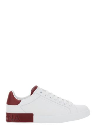 Dolce & Gabbana Portofino White Low Top Sneakers With Contrasting Heel With Logo Lettering In Leather Man