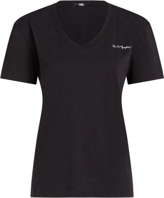 Karl Lagerfeld Signature V-neck T-shirt - women - Organic Cotton - S - Black