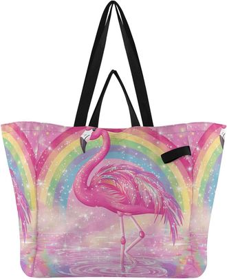 Generic Rainbow Flamingo Rainbow pattern Reusable Canvas Tote Bag, Heavy Duty Grocery Shopping Bag with Double Handles Large Capacity Hard Bottom Work Groceri
