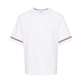 Thom Browne T-Shirts, male, White, Size: XL Striped Cotton T-shirt with Logo