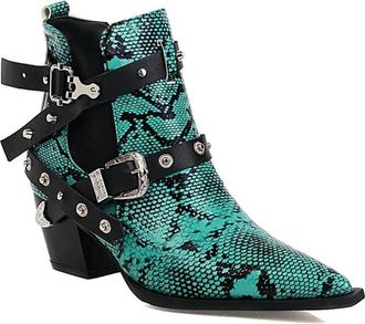 Generic Womens Ankle Boots Snakeskin Print Multi Buckle Studded Pointed Toe Block Heels Comfortable Non Slip Durable for Party Night Out Street Fashion,Green,