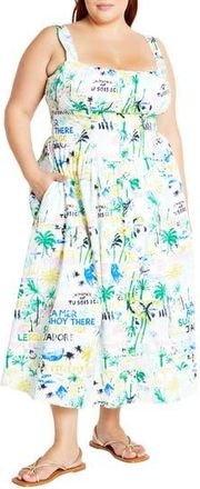 City Chic Almay Square Neck Button Front Stretch Cotton Sundress in Green Postcards at Nordstrom Rack, Size Xs/14W