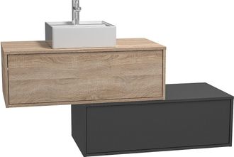 Vente-Unique Mueble de baño flotante en tonos naturales claros y gris antracita con lavabo y dos cajones - 94 cm - TEANA II