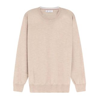 Brunello Cucinelli Trui met ronde hals van kasjmier en zijde - Heren - Truien - Beige - Maat: 2XL Zijde