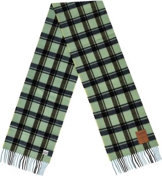 Ganni Yellow Pear Check Scarf - Dames - Wintersjaals - Groen - ONE Size - Wol - Accessoires