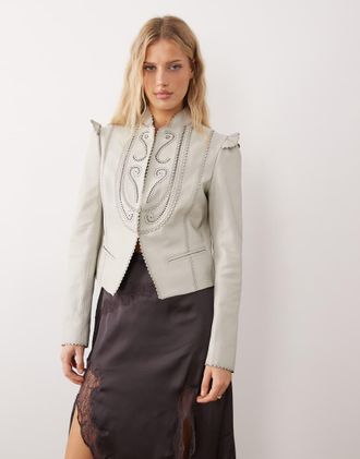 Urban Code Giacca aderente in stile militare color pietra con ricami-Bianco