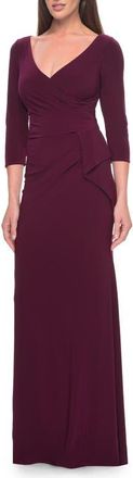 La Femme Three Quarter Sleeve Jersey Evening Dress with Ruffle Detail in Dark Berry at Nordstrom, Size 18