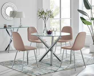 Furniturebox Selina Round Glass Chrome Leg Dining Table & Corona Silver Leg Chairs in Beige | Size: 2 Person