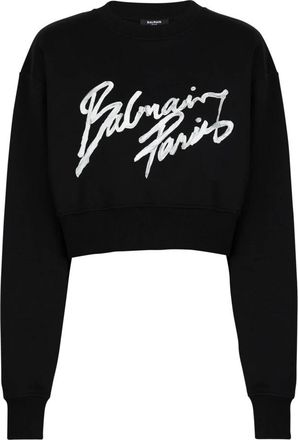 Balmain Cropped Sweatshirt van bedrukt katoen - Dames - Sweatshirts - Zwart - L - Katoen - Hoodies & sweatvesten