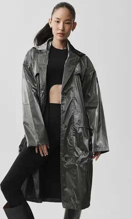 Alo | Metallic Break Line Trench Jacket in Silver Metallic Grey, Size: Medium