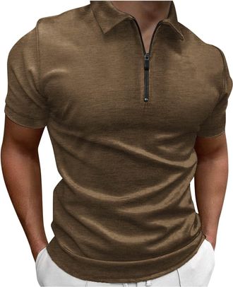 Generic Zipper Polo Shirts Men Short Sleeve Collar Retro Dress V Neck Vintage Casual T Shirt Big and Tall Golf Fashion Summer Shirts Coffee