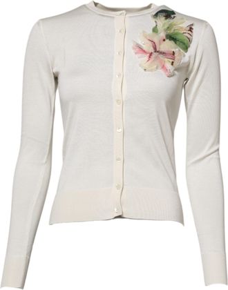 Dolce & Gabbana Womens Floral Embellished Cardigan - Ivory Silk - Size EU 32 (Womens)
