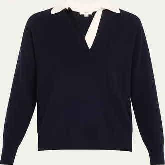 Vince Contrast Collar Wool-Cashmere Polo Sweater