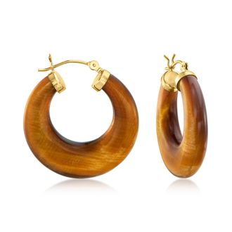 Ross-Simons Tigers Eye Hoop Earrings in 14kt Yellow Gold