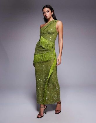 Asos Vestito midi monospalla in maglia verde con paillettes, intreccio e frange drappeggiate