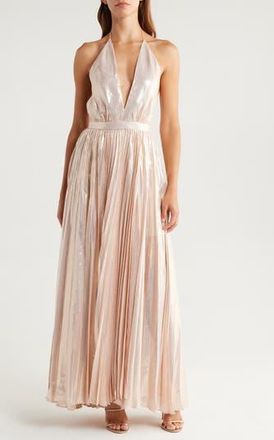 Alice & Olivia Camila Pleated Plunge Neck Silk Blend Halter Dress in Pearl Blush at Nordstrom Rack, Size 14