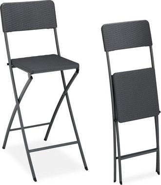Relaxdays Relaxdays BASTIAN Folding Bar Stools, Rattan Look, Backrest, Bistro Chairs, Foldable, 78 cm Tall, Counter-Height, Grey