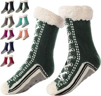 Generic Ultra-Thick Cute Slipper Home Socks, Women Winter Warm Non Slip Cozy Fuzzy Slipper Home Socks With Grippers (Army Green)