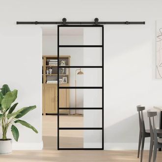 Berkfield Home Sliding Door with Hardware Set 76x205 cm ESG Glass&Aluminium in Black