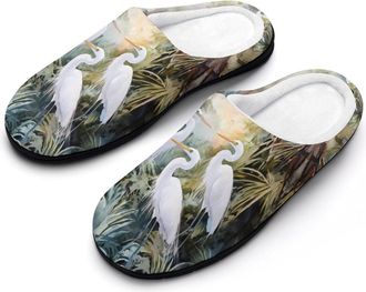 Generic Herons with Tropical Plants Slippers Men Winter Warm Cotton Anti-Slip Indoor Slip-Ons House Shoes
