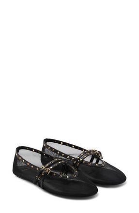 Mango Studded Buckle Strap Mesh Ballet Flat in Black at Nordstrom, Size 10Us