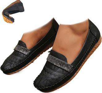 Generic Stylish Orthopedic Leather Shoes, Rhinestone Womens Sparkly Orthopedic Loafers, Lightweight Sparkly Slip On Shoes for Dressy Daily Wear (Black,7.5)