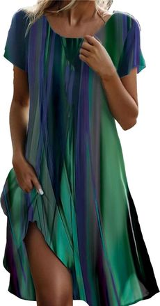 Generic Dresses for Women,Summer Casual Print Short Sleeve Midi, Boho Dresses for Women with Pockets (Green Stripes,XL)