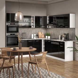 Vicco Cocina Esquinera R-line, Negro Brillo/blanco, 237 X 60 Cm Sin Encimera