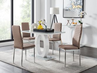 Furniturebox Giovani Grey White Modern High Gloss & Glass Dining Table & 4 Milan Chairs Set in Beige