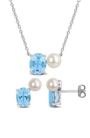 Delmar Blue Topaz & Freshwater Pearl Stud Earrings & Necklace Set in Blue Multi at Nordstrom Rack