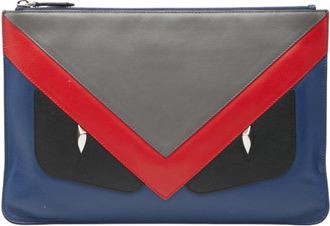 Fendi Blue Gray Red Color Leather Clutch Bag (Pre-Owned)