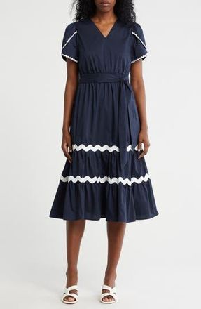 Nanette Lepore Wavy Lace Trim Tie Waist Midi Dress in Nanette Navy/White at Nordstrom Rack, Size 16