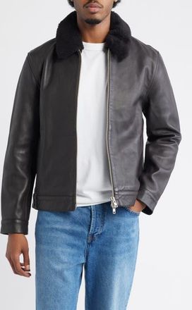 Wax London Kendal Leather Flight Jacket with Genuine Shearling Collar in Dark Brown at Nordstrom, Size Xx-Large
