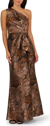 Adrianna Papell One-Shoulder Jacquard Gown in Copper/chocolate at Nordstrom, Size 14